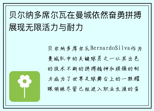 贝尔纳多席尔瓦在曼城依然奋勇拼搏展现无限活力与耐力 贝尔纳多席尔瓦在曼城依然奋勇拼搏展现无限活力与耐力